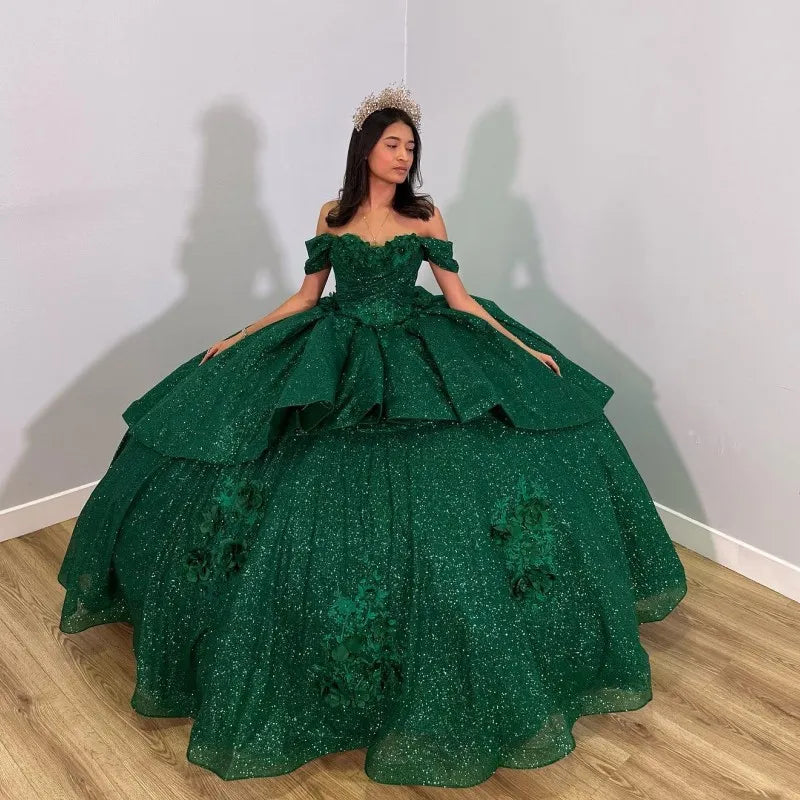 Emerald Green Shiny Handmade 3D Flowers Beading Quinceanera Dresses Ball Gown Off The Shoulder Sweet 16 Dress    fg5762