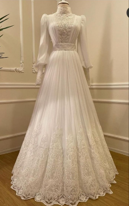 Vintage High Neck Long Sleeves Wedding Dress Modest Bridal Dress   fg7479