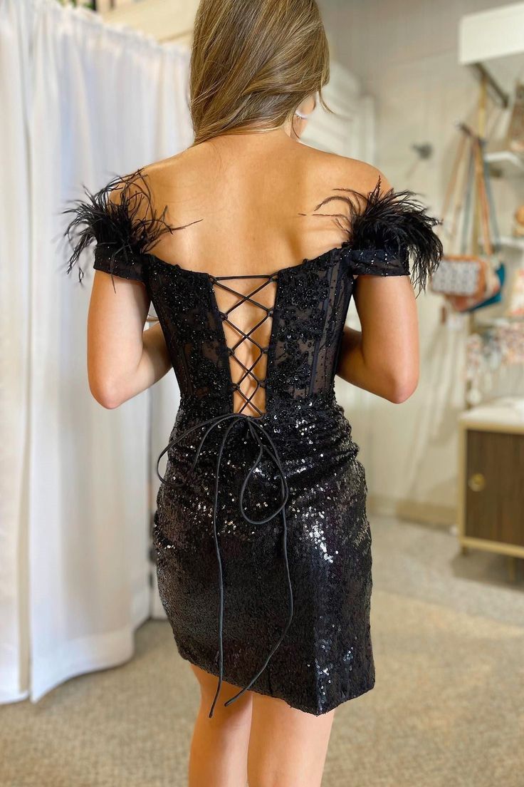 Black Sequin Off-the-Shoulder Lace-Up Short Gown with Feathers       fg5976