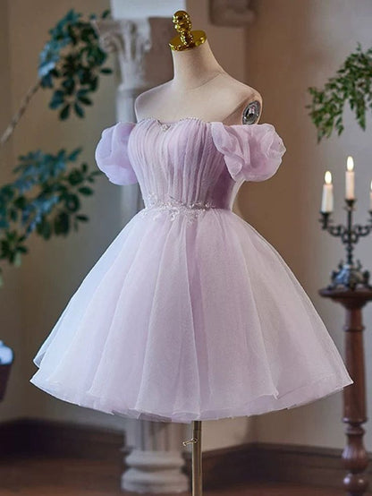 A-Line Sweetheart Neck Tulle Purple Short Prom Dress, Purple Homecoming Dress      fg6141