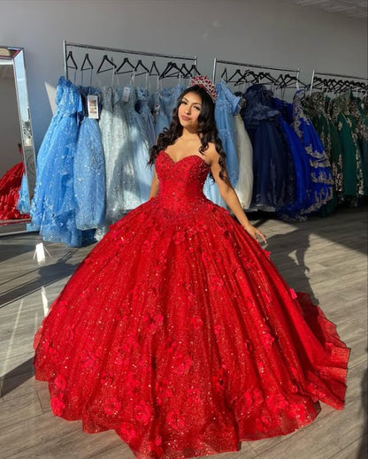 3D Flowers Red Quinceanera Dresses Glitter Sequins Sweet 15 Prom Party Ball Gown         fg6664