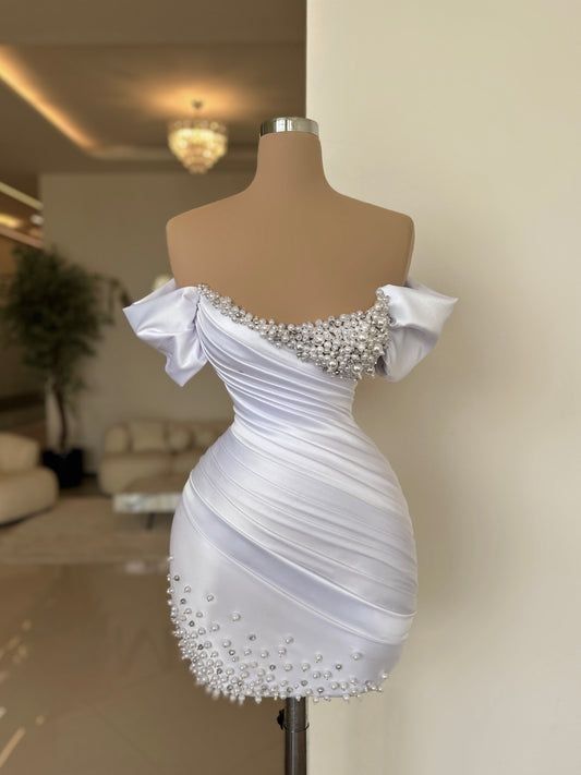 White Short Prom Dress Sheath Off the Shoulder Pearls Mini Cocktail Club Gowns Satin Pleated Party Dresses       fg6269