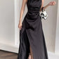 Spaghetti Straps Black A Line Satin Long Prom Dresses With Slit       fg5443