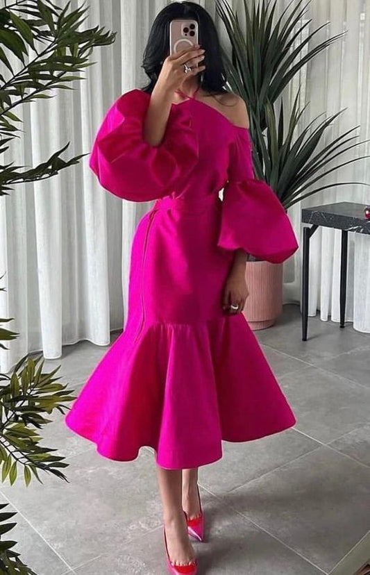 Hot Pink Halter Prom Belt Puff Sleeve Midi Party Dress Elegant Dubai Evening Dresses      fg5903