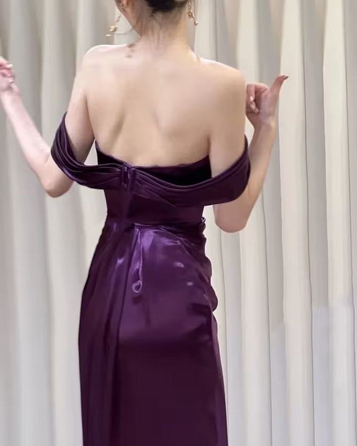 Satin Off Shoulder Long Evening Dress, Satin Prom Dress      fg5209