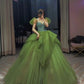 A-line Green Dress Tulle Long Prom Dresses Short Sleeves Evening Gowns     fg5449