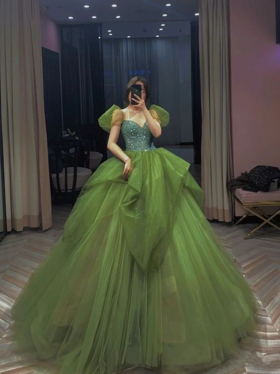 A-line Green Dress Tulle Long Prom Dresses Short Sleeves Evening Gowns     fg5449