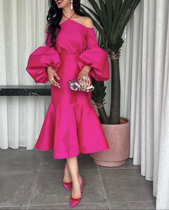 Hot Pink Halter Prom Belt Puff Sleeve Midi Party Dress Elegant Dubai Evening Dresses      fg5903