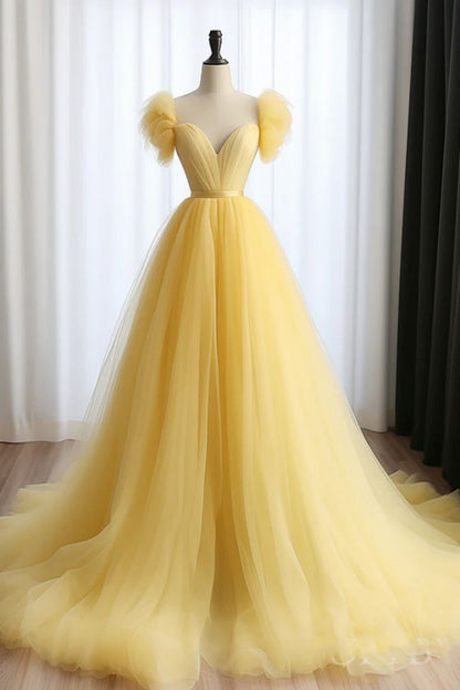 A Line Sweetheart Neck Tulle Yellow Long Prom Dress, Yellow Long Formal Dress       fg5440