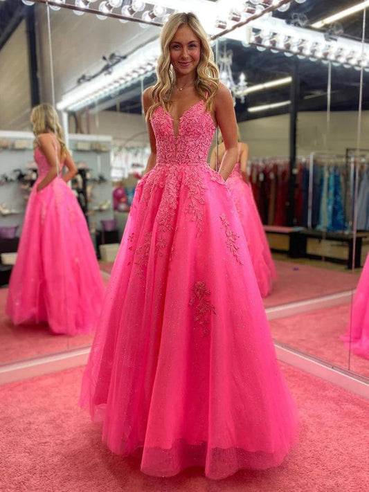 V Neck Pink A Line Lace Long Prom Dress        fg6378