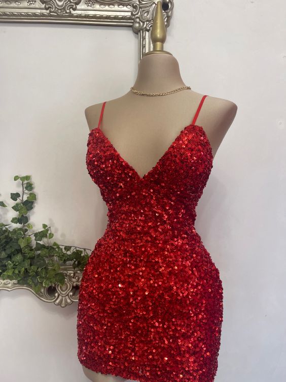 Red Sheath Straps Sequins Mini Homecoming Dress        fg6293