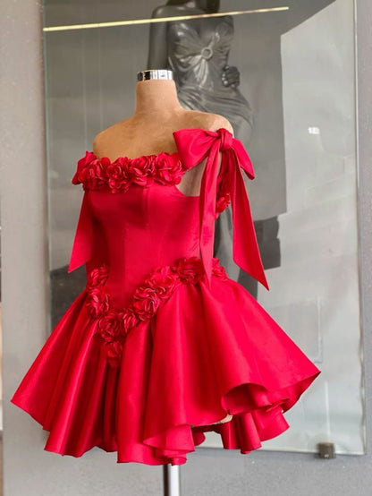 Red Cocktail Party Dress with 3D Flowers Off The Shoulder Elegant Evening Gown for Women      fg6589