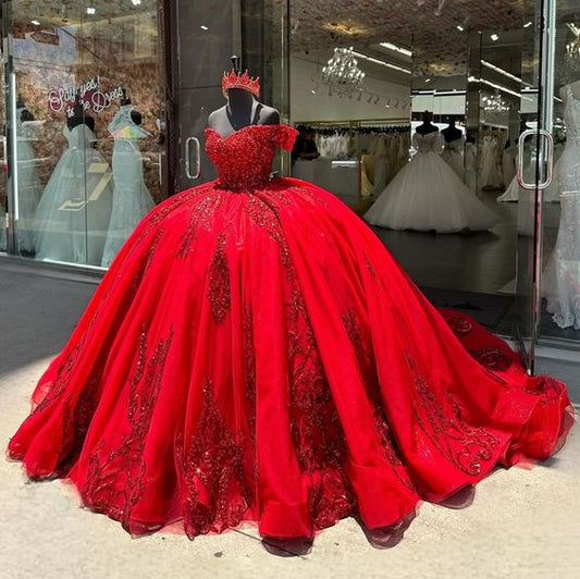 Luxury Red Quinceanera Dresses 2025 Ball Gown Beads Glitter Sequins Appliques Sweet 16 Dresses Birthday Party Gown Custom      fg6294