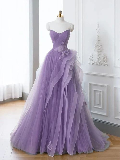 A-Line Purple Evening Dress Long Prom Dress Tulle Lace Prom Dresses      fg6499