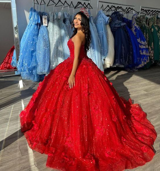 3D Flowers Red Quinceanera Dresses Glitter Sequins Sweet 15 Prom Party Ball Gown         fg6664