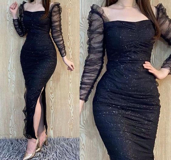 Sexy Sheath Black Off Shoulder Shinny Prom Party Dresses           fg6384