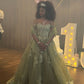 A Line Green Tulle Lace Princess Dresses Off the Shoulder Party Ball Gowns         fg6204