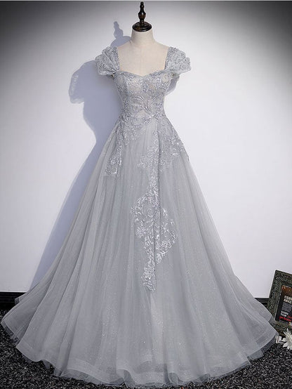 Gray Sweetheart Neck Tulle Lace Long Prom Dress, Gray Evening Dress      fg6115