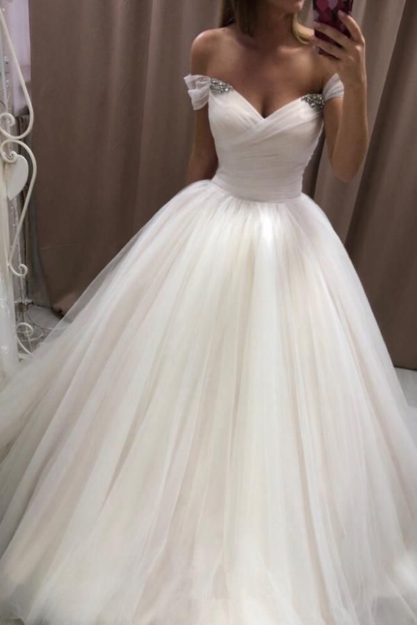 Off the Shoulder Tulle Wedding Dresses Pleated Ivory Wedding Gowns with Lace Up Simple Bridal Dress     fg6600