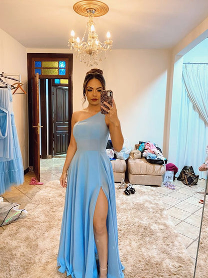 Elegant One Shoulder Blue Prom Dress With Slit,Blue Bridesmaid Dress      fg6602