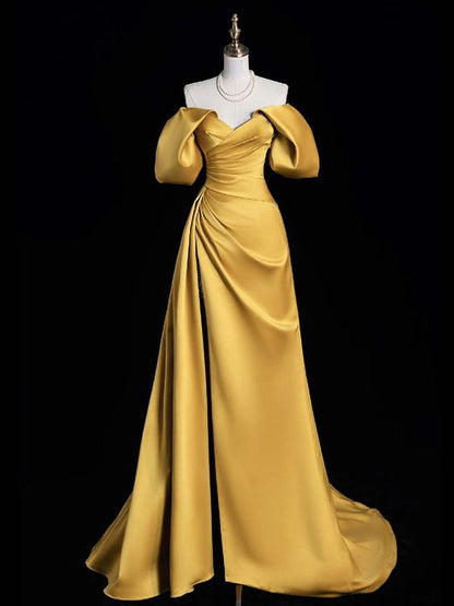 A-Line Off Shoulder Satin Gold Long Prom Dress, Gold Long Evening Dress       fg6085