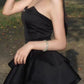 Chic Strapless Black Satin Short Prom Dresses, Layered Black Homecoming Dresses, Short Black Evening Dresses     fg6111