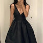 V Neck Black Backless Satin Short Prom Dresses, Open Back V Neck Short Black Formal Evening Homecoming Graduation Dresses      fg6031