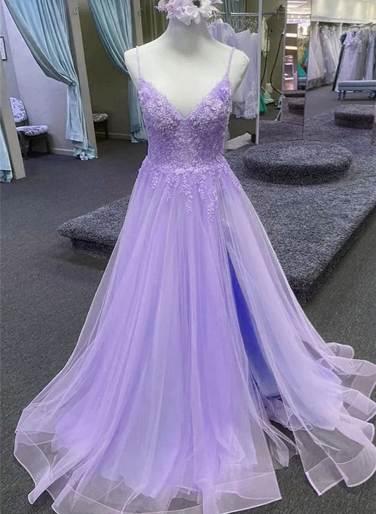 Light Purple A-line Tulle with Lace Prom Dress, Light Purple Long Evening Dress      fg5415