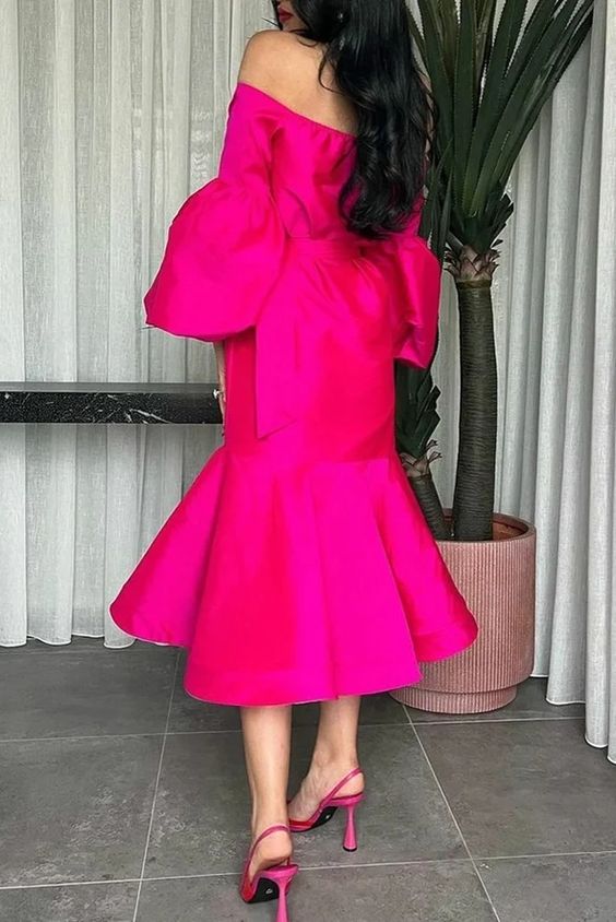 Hot Pink Halter Prom Belt Puff Sleeve Midi Party Dress Elegant Dubai Evening Dresses      fg5903