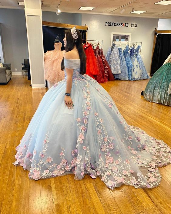 Light Blue Puffy Ball Gown Quinceanera Dresses Off Shoulder Flower Corset Sweet 16 Dress     fg5683