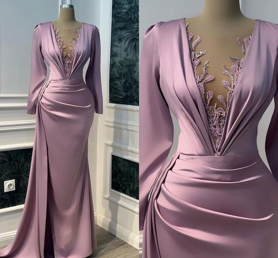 Vintage Prom Dresses Long Sleeve Illusion V-neck Mermaid Evening Dress Floor Length Saudi Arabia Cocktail Party Gowns     fg6555