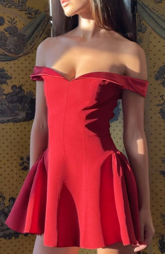 Off the shoulder red evening dress short party gown      fg5855