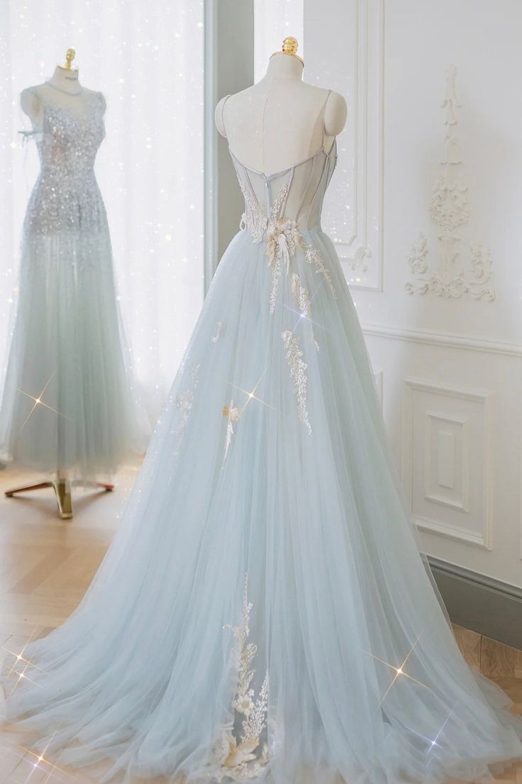 Blue Tulle Lace Long Prom Dress, A-Line Strapless Evening Dress      fg5690