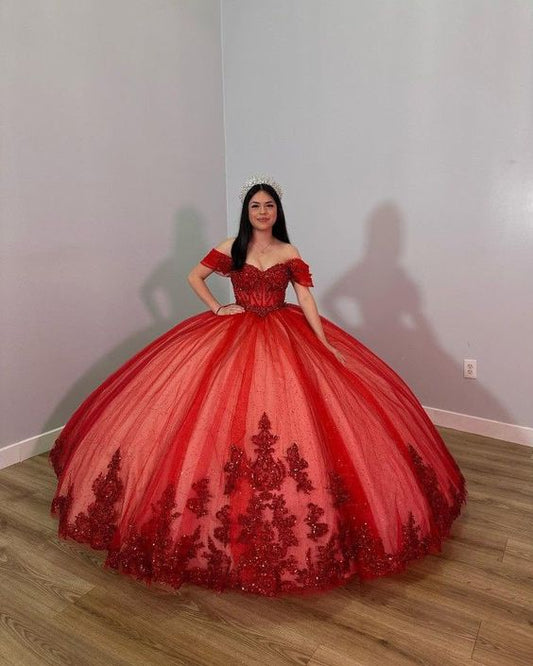 Red Off The Shoulder Ball Gown,Red Sweet 16 Dress,Princess Dress    fg5629