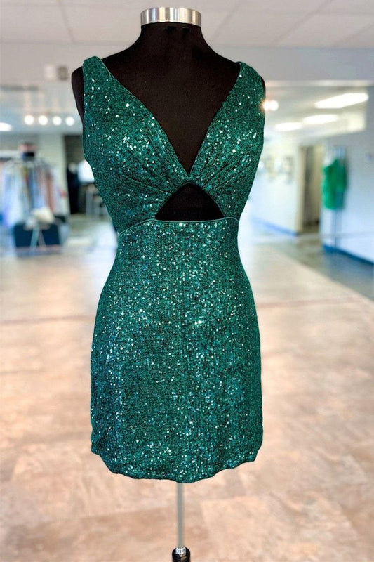 V-Neck Sequin Cutout Short Homecoming Dress     fg6380