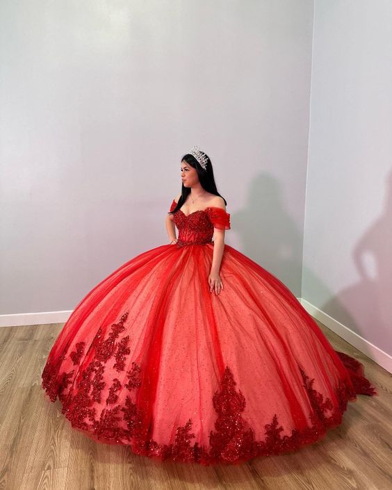 Red Off The Shoulder Ball Gown,Red Sweet 16 Dress,Princess Dress    fg5629