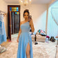 Elegant One Shoulder Blue Prom Dress With Slit,Blue Bridesmaid Dress      fg6602