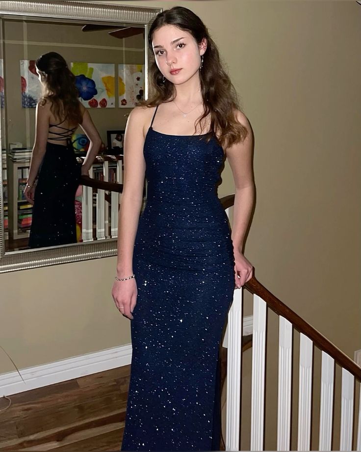 Formal Navy Blue Sequins Mermaid Long Evening Prom Dresses, Custom Spaghetti Straps Prom Dress      fg5598