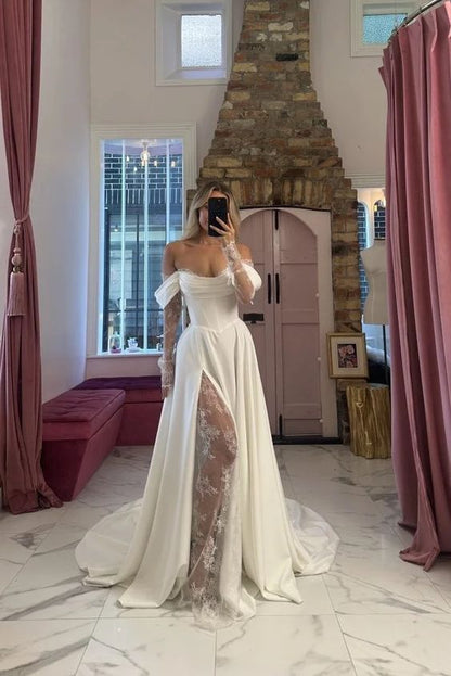 Sexy Slit Off Shoulder Lace Long Sleeves Wedding Dress      fg6611