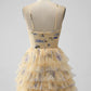 Yellow Print Keyhole Ruffle Tiered Short Homecoming Dress       fg5965