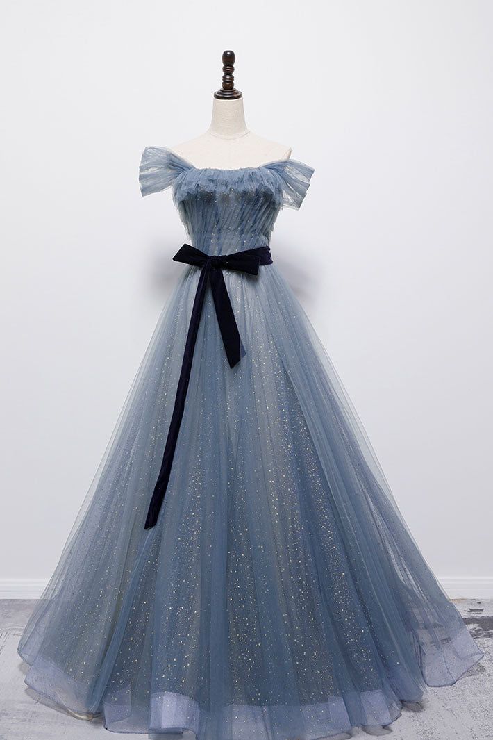 Blue off the shoulder tulle long prom dress , sparkling formal dress        fg5442