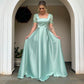 A-line Square Neck Puff Sleeve Long Prom Dress,Wedding Guest Outfit       fg5718