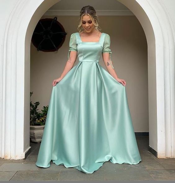 A-line Square Neck Puff Sleeve Long Prom Dress,Wedding Guest Outfit       fg5718