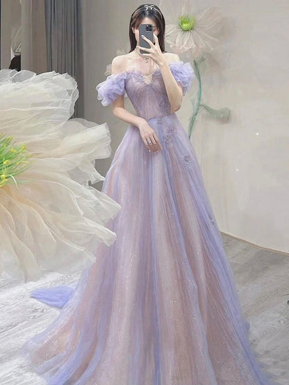 A-Line Off Shoulder Purple Tulle Long Prom Dress, Purple Formal Dress       fg5416