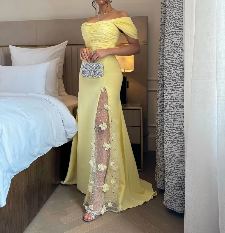 Elegant Prom Dresses Long Yellow Evening Dress Off Shoulder Formal Wedding Party Dress    fg7463