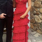 long red prom dresses, sexy lace evening dress with slit      fg833