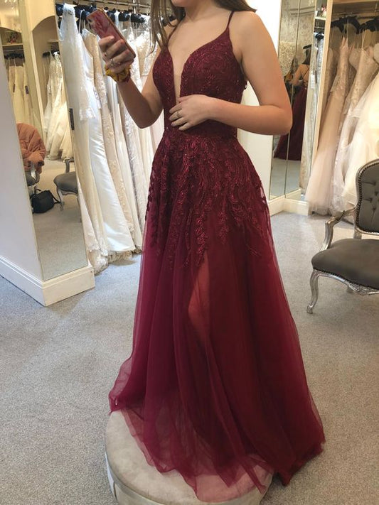A Line Burgundy Tulle Prom Dress with Split       fg4658