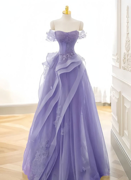 A-Line Off Shoulder Tulle Lace Purple Long Prom Dress, Purple Lace Long Formal Dress      fg4857