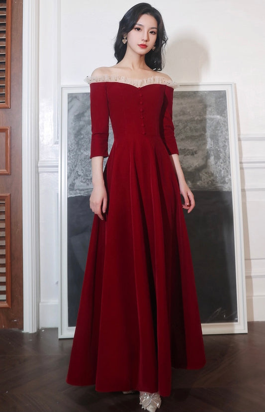 Burgundy Prom Gown, Off Shoulder Party Dress, Fairy Midi Dress     fg4473