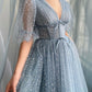 A line Tea Length Gray Blue Prom Dress, Gray Blue Formal Wedding Party Dress     fg5298